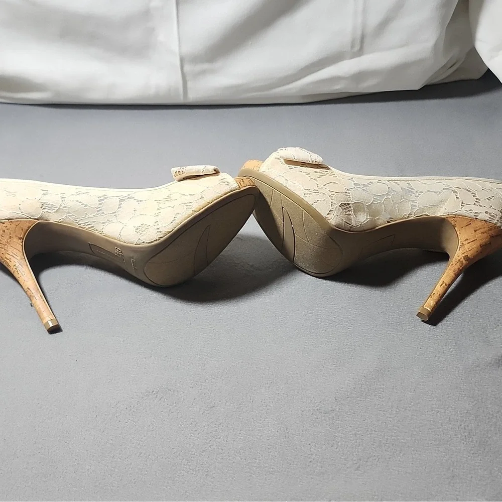 christian siriano for payless pumps beige lace bow open toe slip on stiletto
